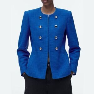ZARA Blue Textured Blazer With Gold Buttons Size XS